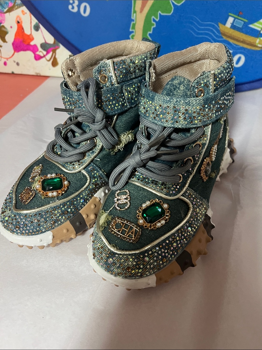 Y2K Jeweled Denim High-Top Sneakers – Green & Gold Rhinestone